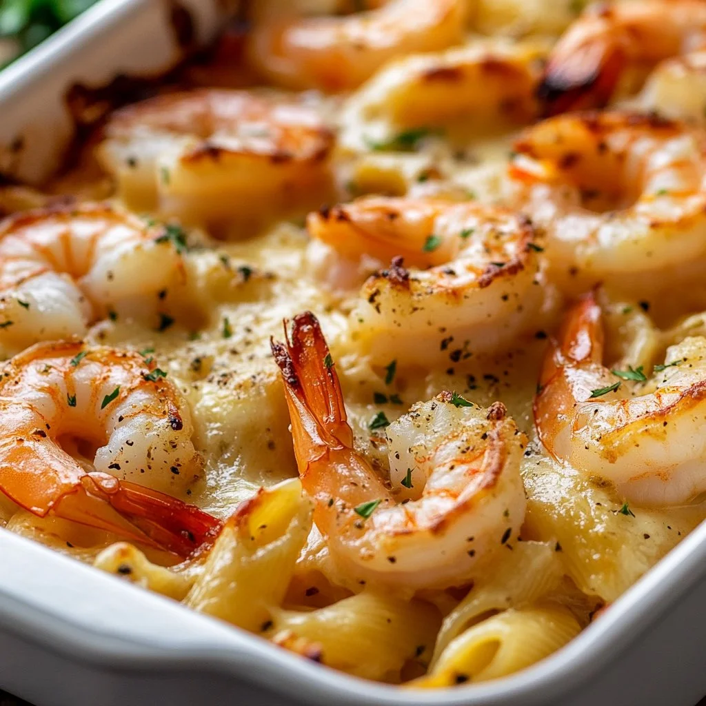 Delicious Shrimp Scampi Baked Pasta with shrimp, garlic, and lemon