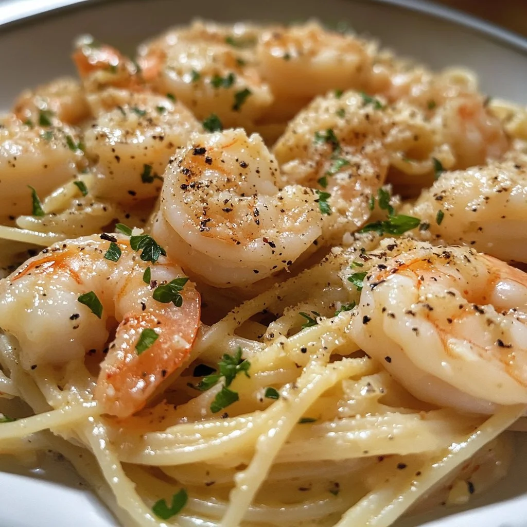 Shrimp scampi pasta with garlic butter sauce and fresh parsley
