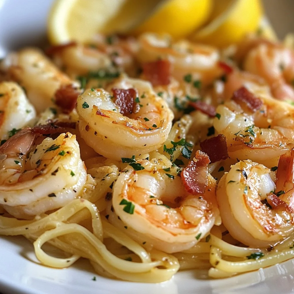 Plate of shrimp scampi pasta garnished with parsley and lemon.