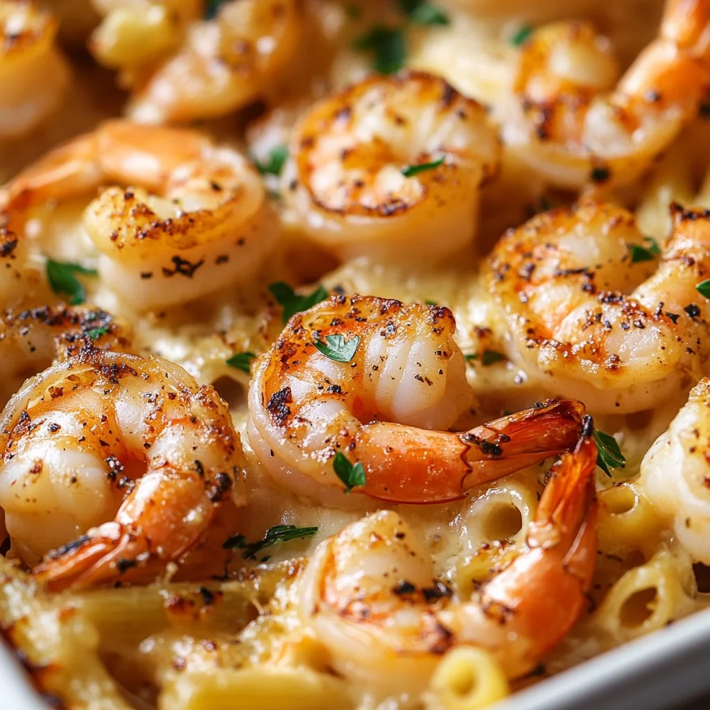 Delicious Shrimp Scampi Pasta Bake with shrimp, garlic, and creamy sauce.