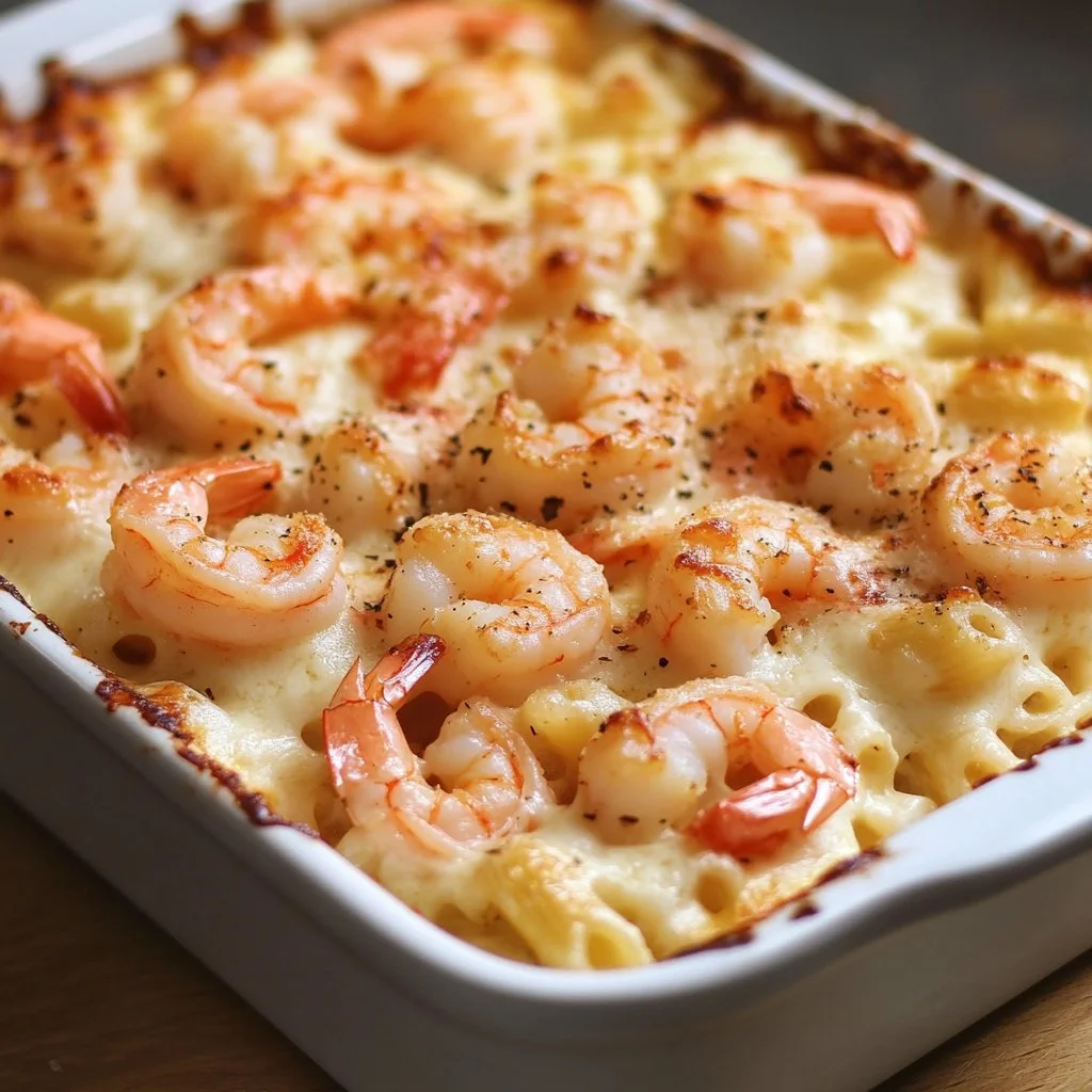 Shrimp Scampi Pasta Bake topped with cheese and herbs