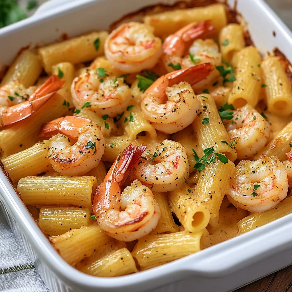 Delicious Shrimp Scampi Pasta Bake topped with melted cheese and herbs