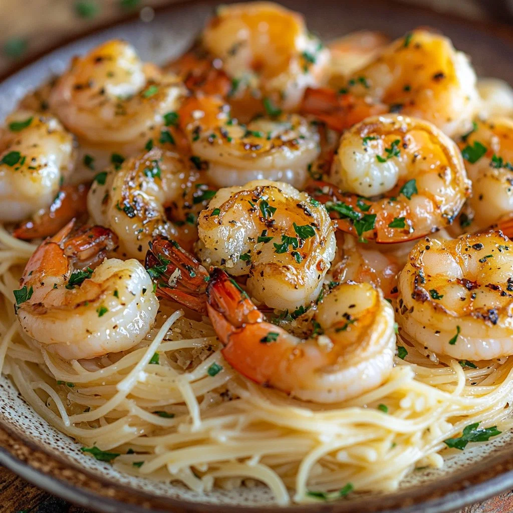 Shrimp scampi served with angel hair pasta garnished with parsley.
