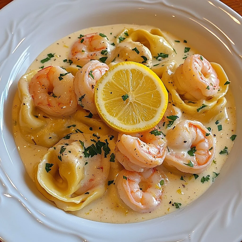 Shrimp tortellini with lemon garlic cream sauce served in a white bowl