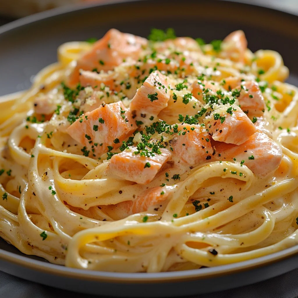 Delicious smoked salmon carbonara served in a bowl with parsley garnish.