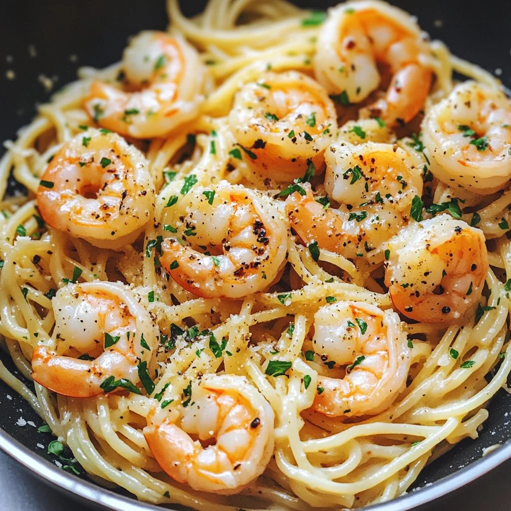 Plate of spaghetti with shrimp and creamy garlic aioli garnished with herbs