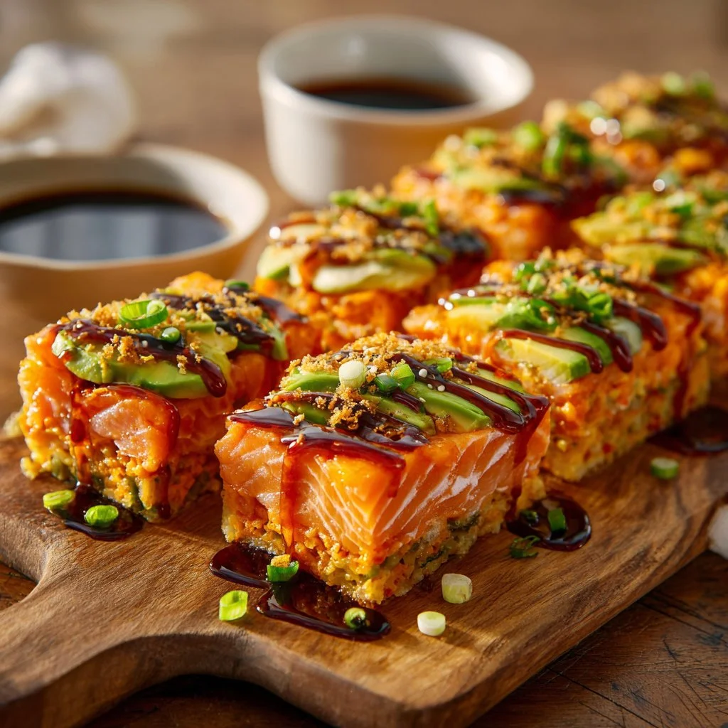 Delicious Spicy Salmon Sushi Bake topped with creamy sauce and herbs