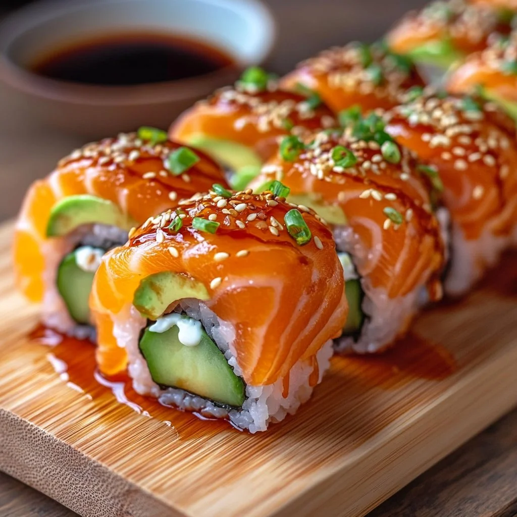 Baked spicy salmon sushi recipe topped with crunchy toppings and creamy sauce