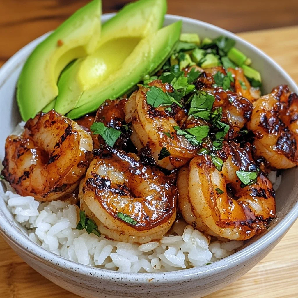 Spicy Shrimp and Avocado Rice Bowl garnished with fresh ingredients