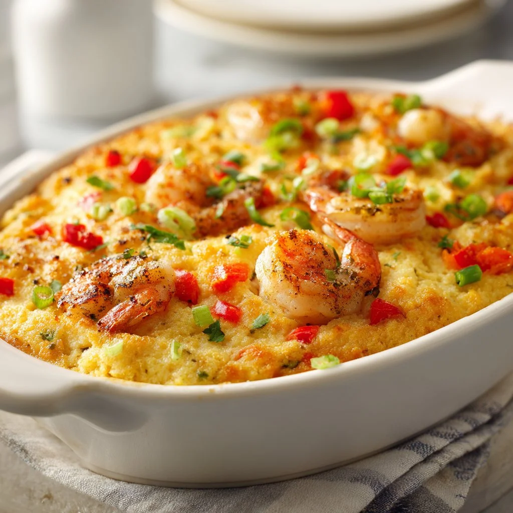 Spicy Shrimp and Grits Casserole with Gouda Cheese in a baking dish