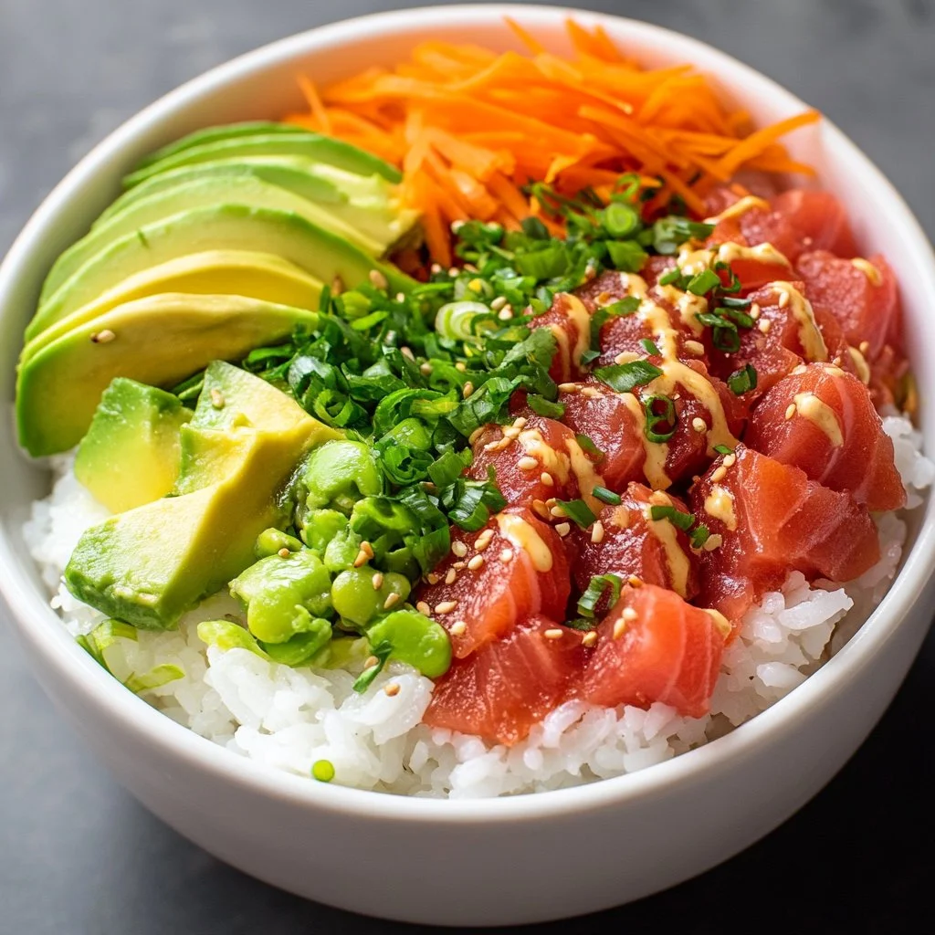 Delicious Spicy Tuna Sushi Bowl topped with avocado and seaweed