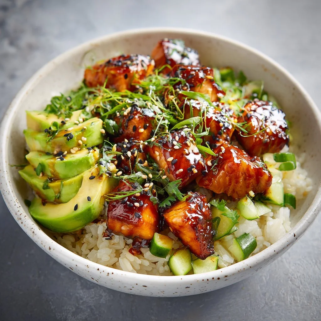Delicious honey glazed salmon bowl with sweet and spicy flavors