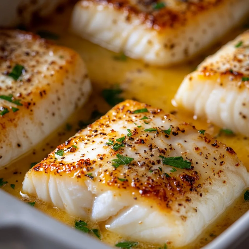 Garlic parmesan baked halibut served with lemon and herbs