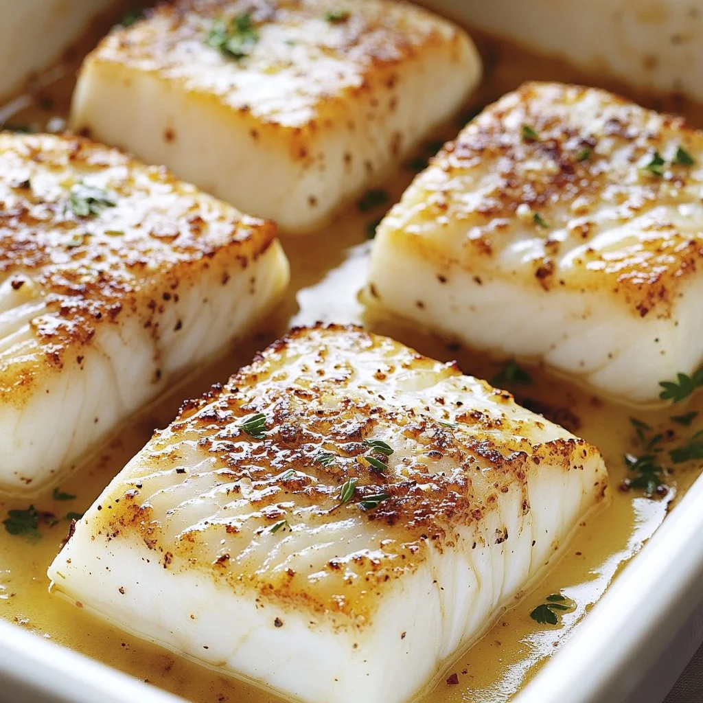 Plate of Garlic Parmesan Baked Halibut garnished with herbs and lemon slices