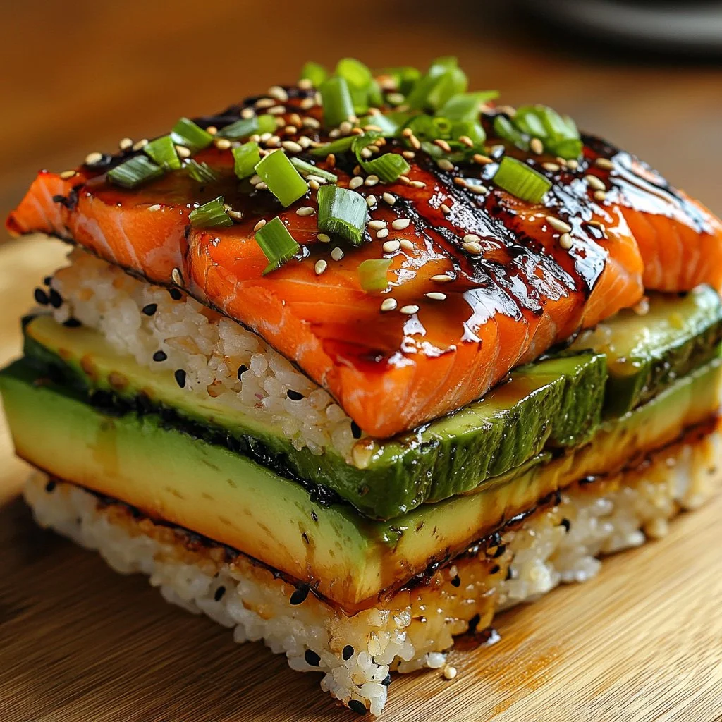 Teriyaki salmon served on top of avocado rice stack for a beautiful presentation