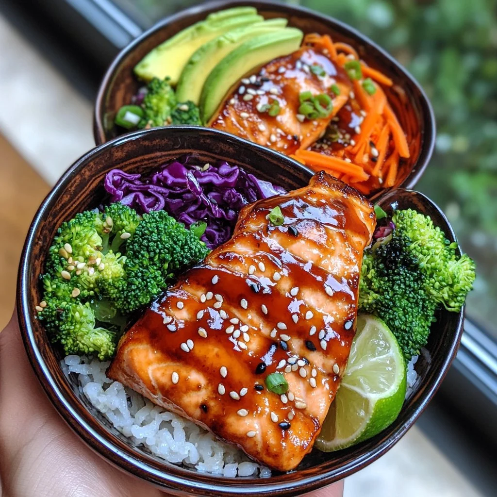 A delicious teriyaki salmon bowl topped with colorful vegetables and sesame seeds.