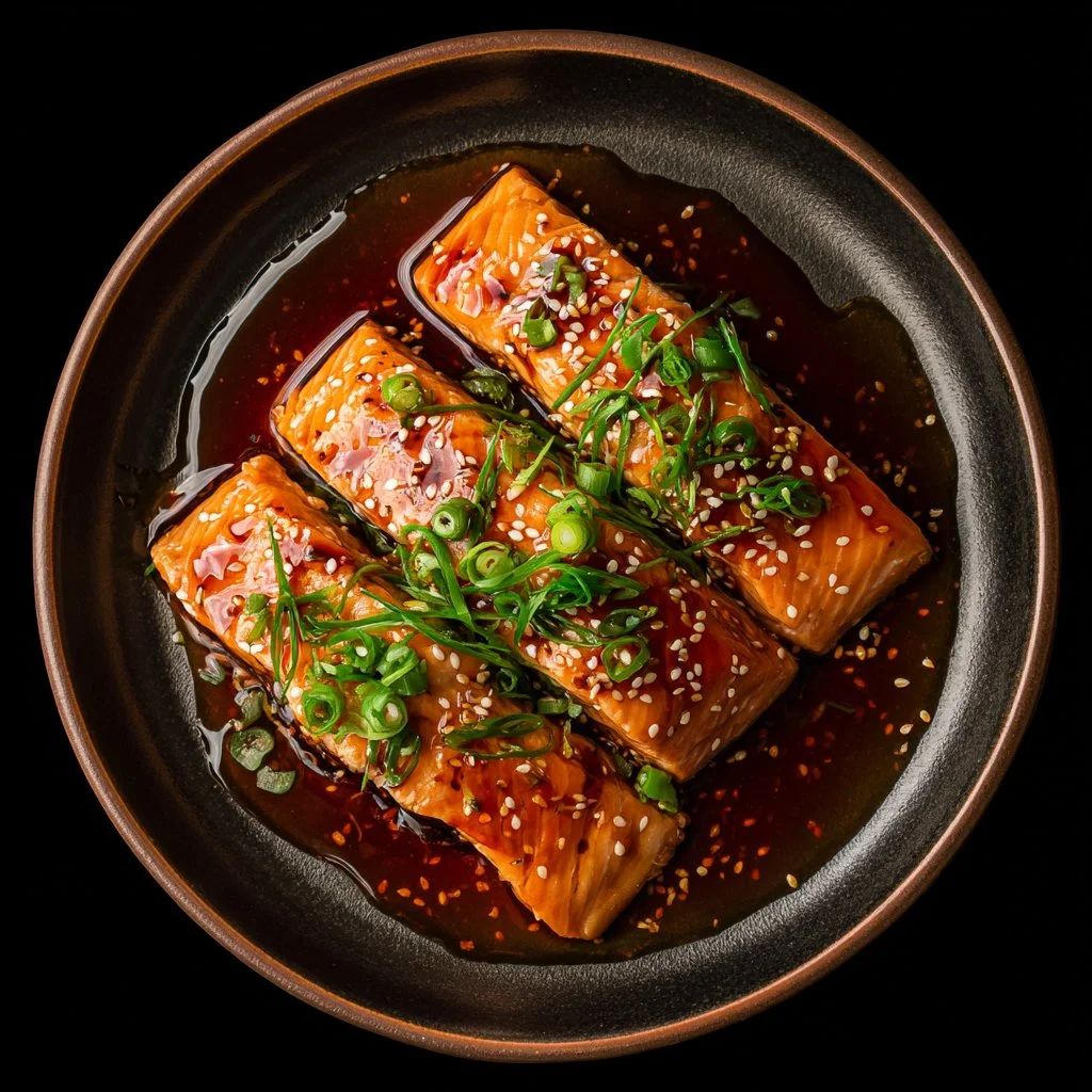 Plate of teriyaki salmon garnished with sesame seeds and green onions