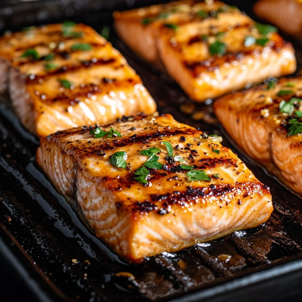 Grilled Texas Roadhouse Salmon with seasonings on a plate