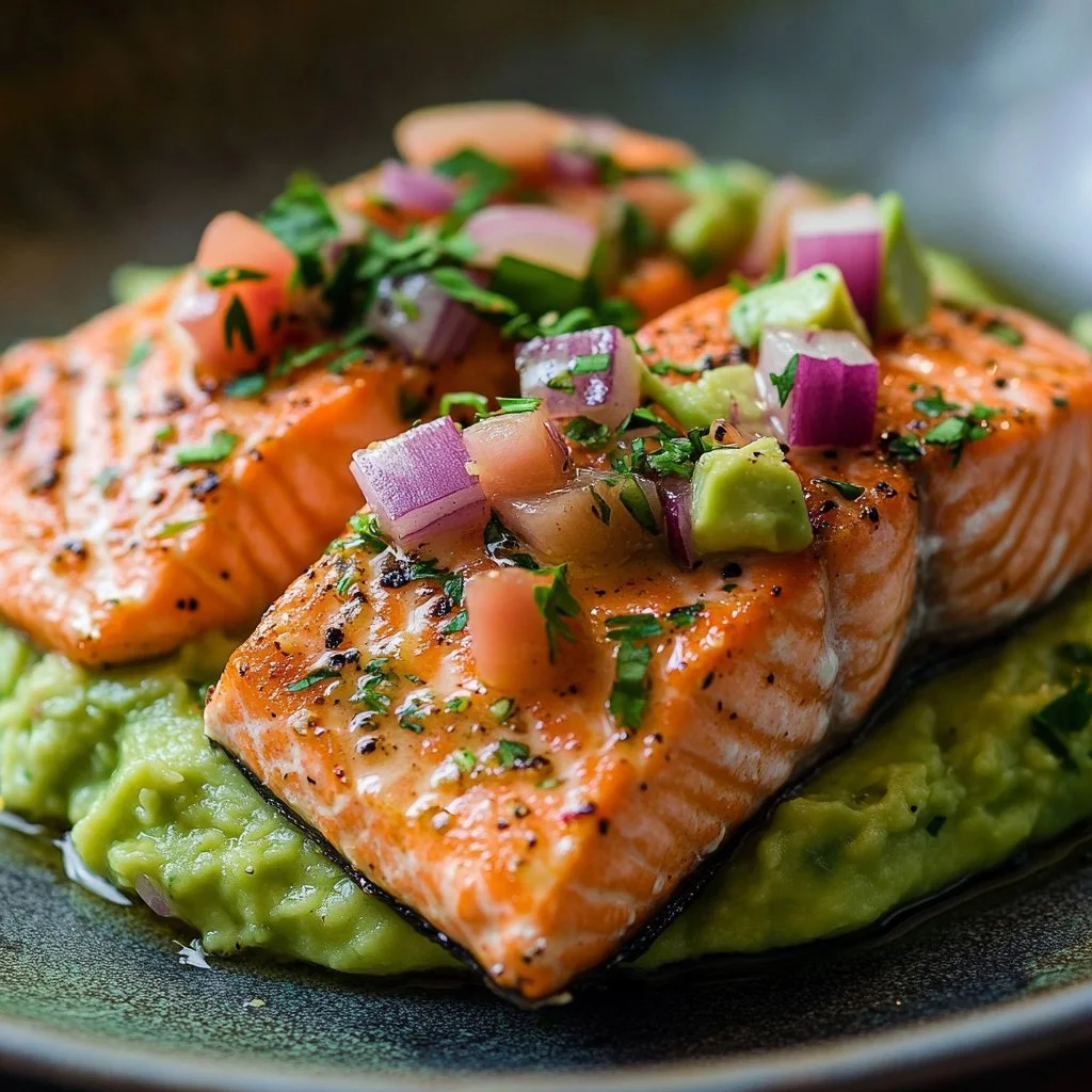 Delicious baked salmon served with avocado mash on a plate