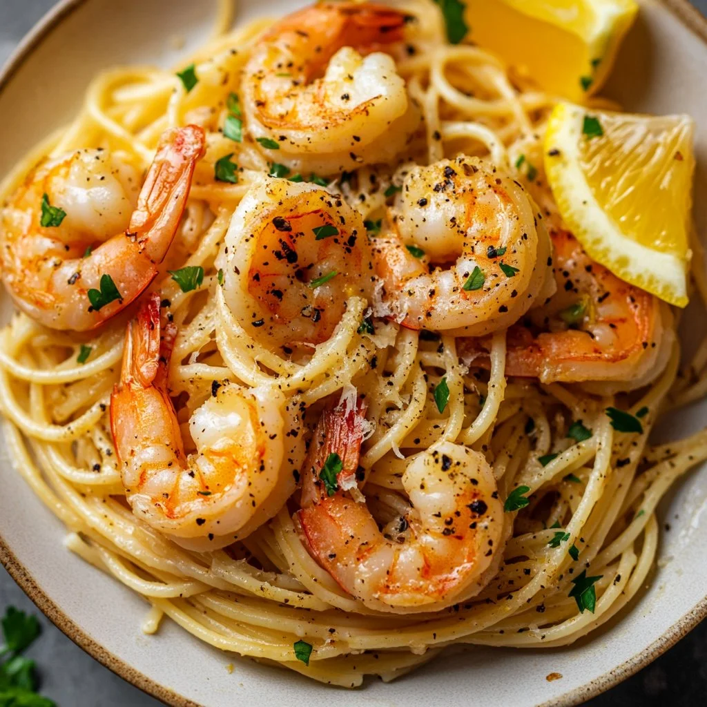 Delicious garlic butter shrimp pasta served in a bowl