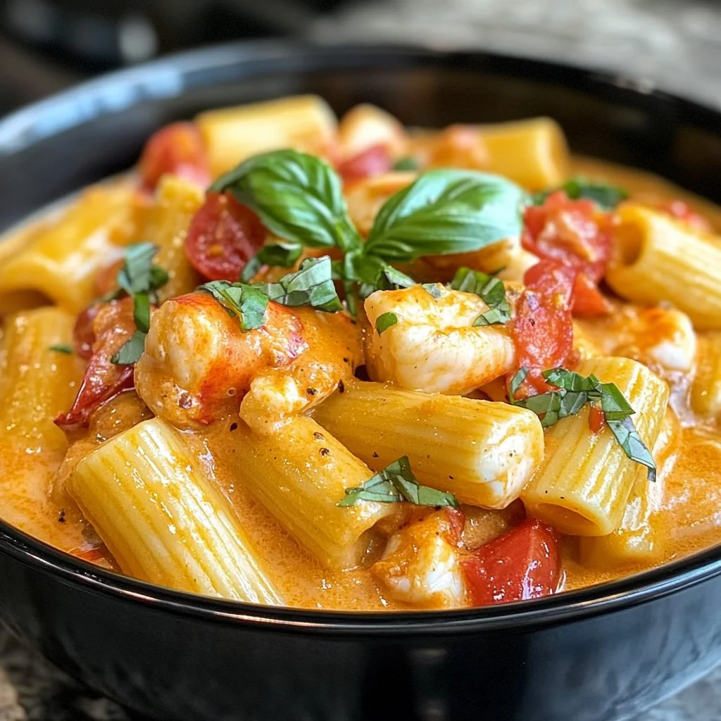 Trader Joe's Lobster Bisque Pasta dish with creamy sauce and lobster chunks
