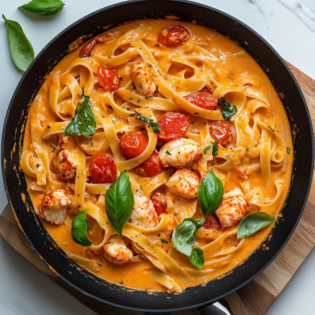 Trader Joe's Lobster Bisque Pasta dish served with garnishes