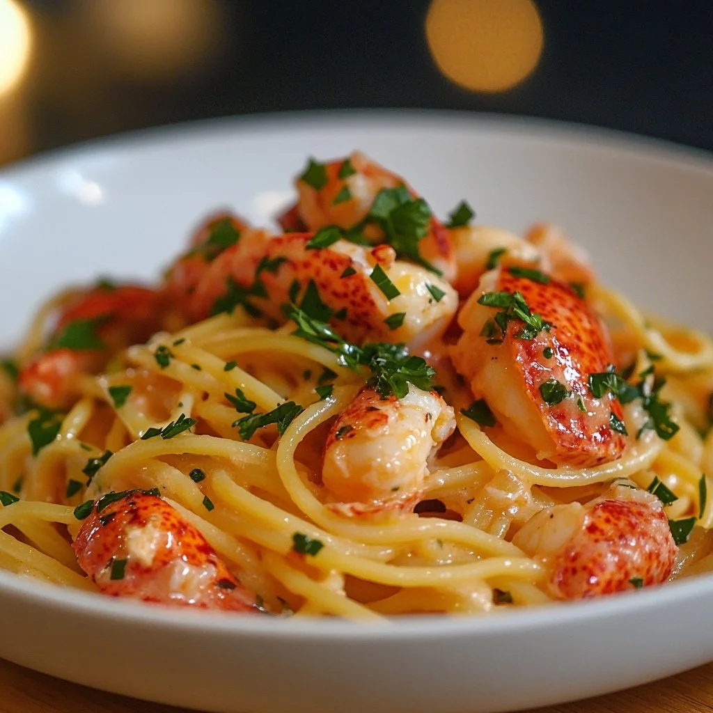 Trader Joe's lobster pasta dish ready to serve with fresh herbs and seasonings