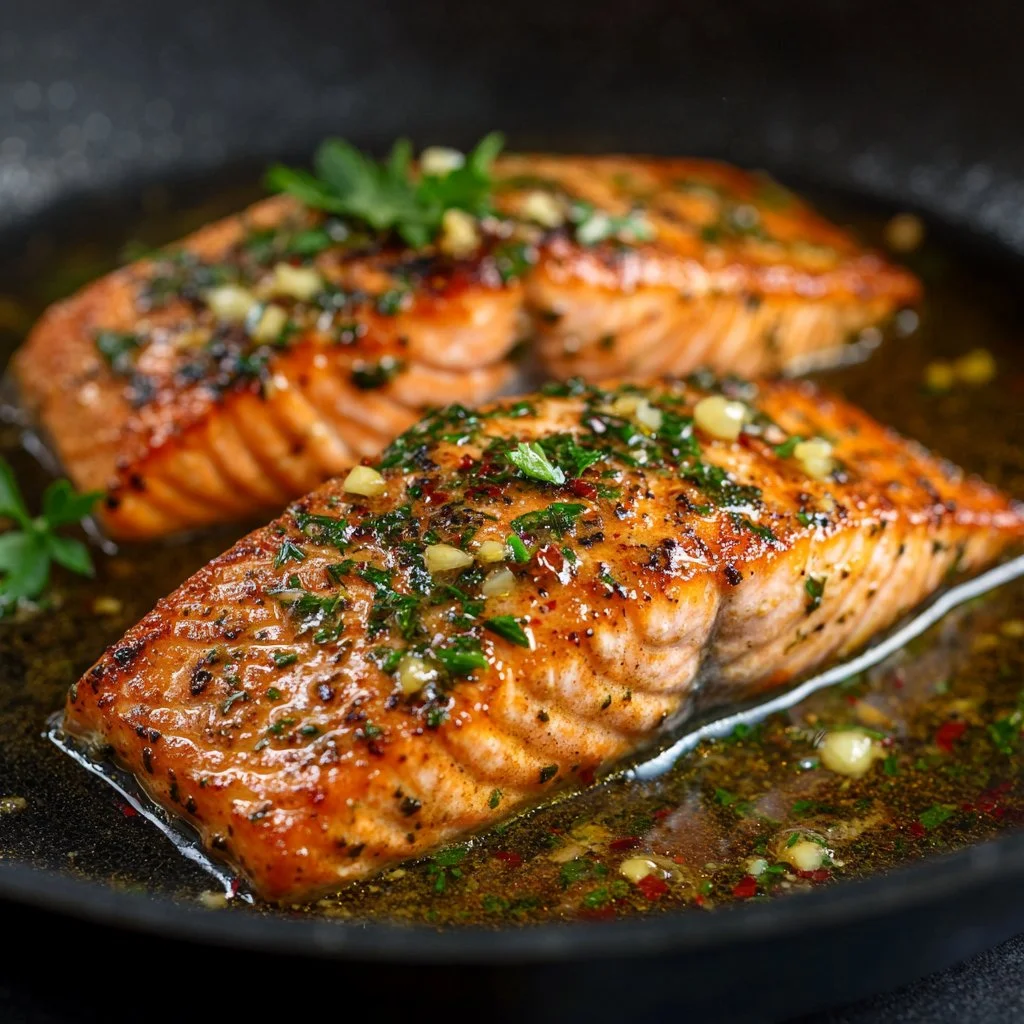 Pan-seared trout with garlic lemon butter herb sauce