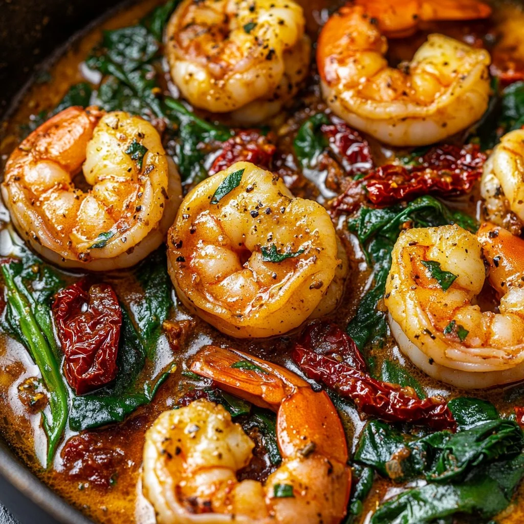 Delicious Tuscan shrimp with spinach and artichokes served in a bowl