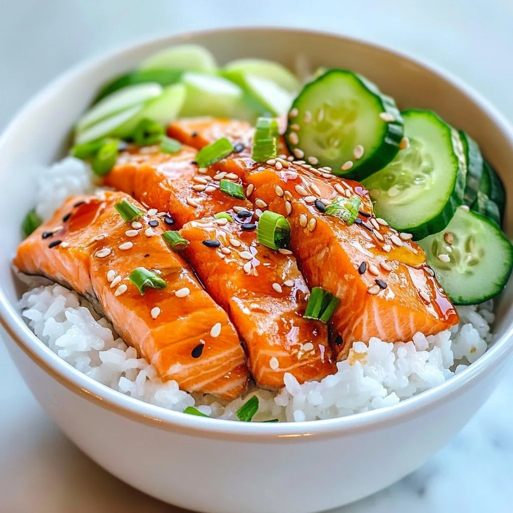 Delicious salmon rice bowl topped with fresh vegetables and sesame seeds