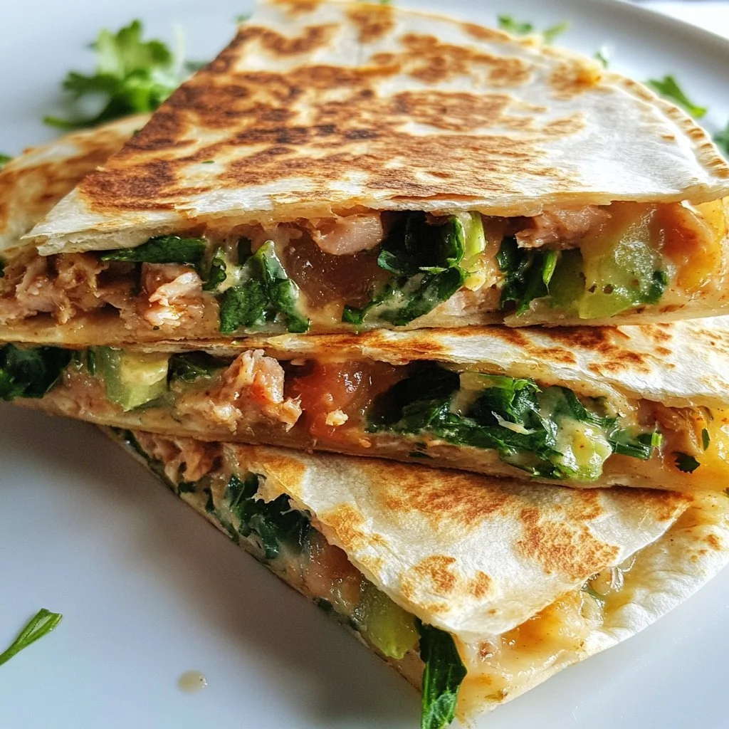 Delicious tuna melt quesadilla with sriracha sauce, ready in 10 minutes.