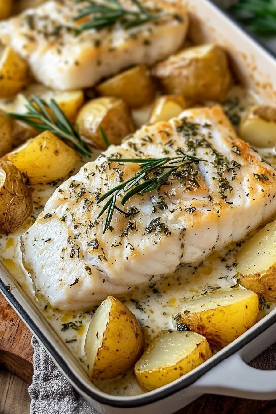 One-Pan Creamy Herb Baked White Fish & Potatoes