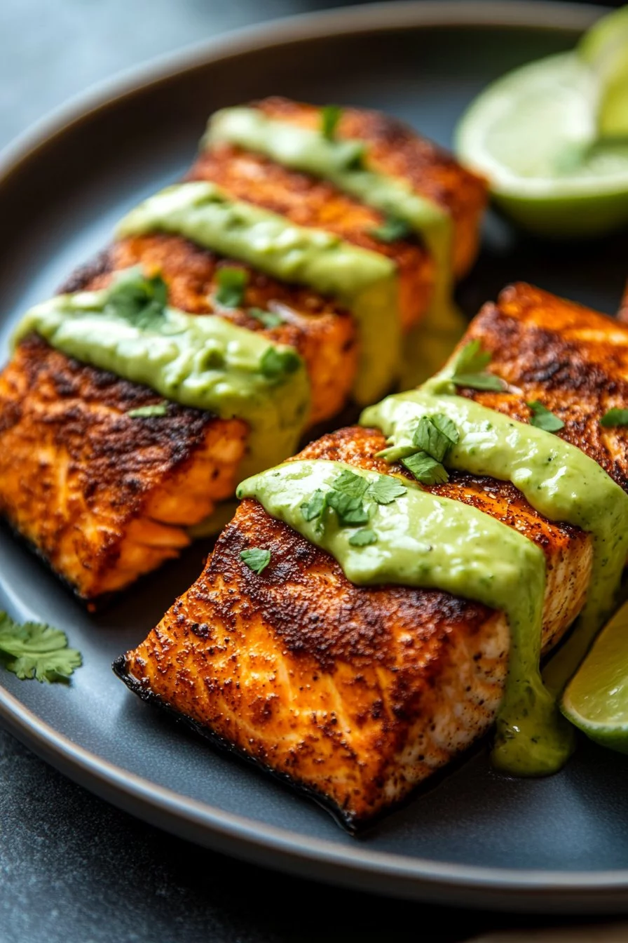 Baked Cajun Salmon with Creamy Avocado Lime Sauce