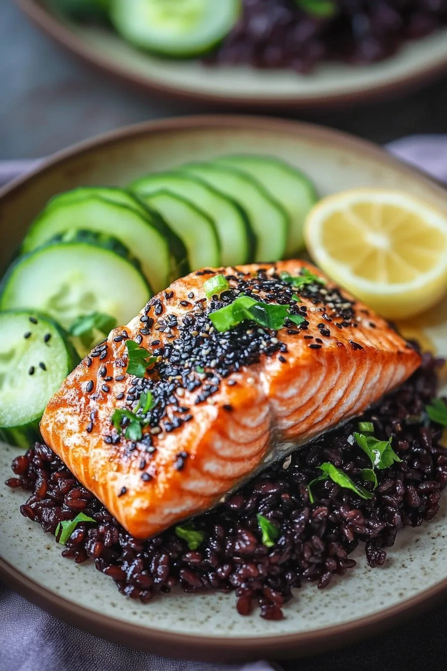 Miso Salmon with Black Rice and Coconut Cucumber Salad