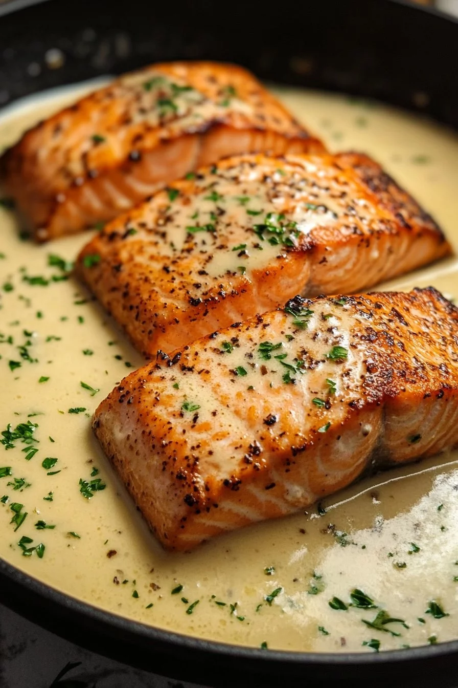 Tuscan Pan Seared Salmon in Parmesan Cream Sauce