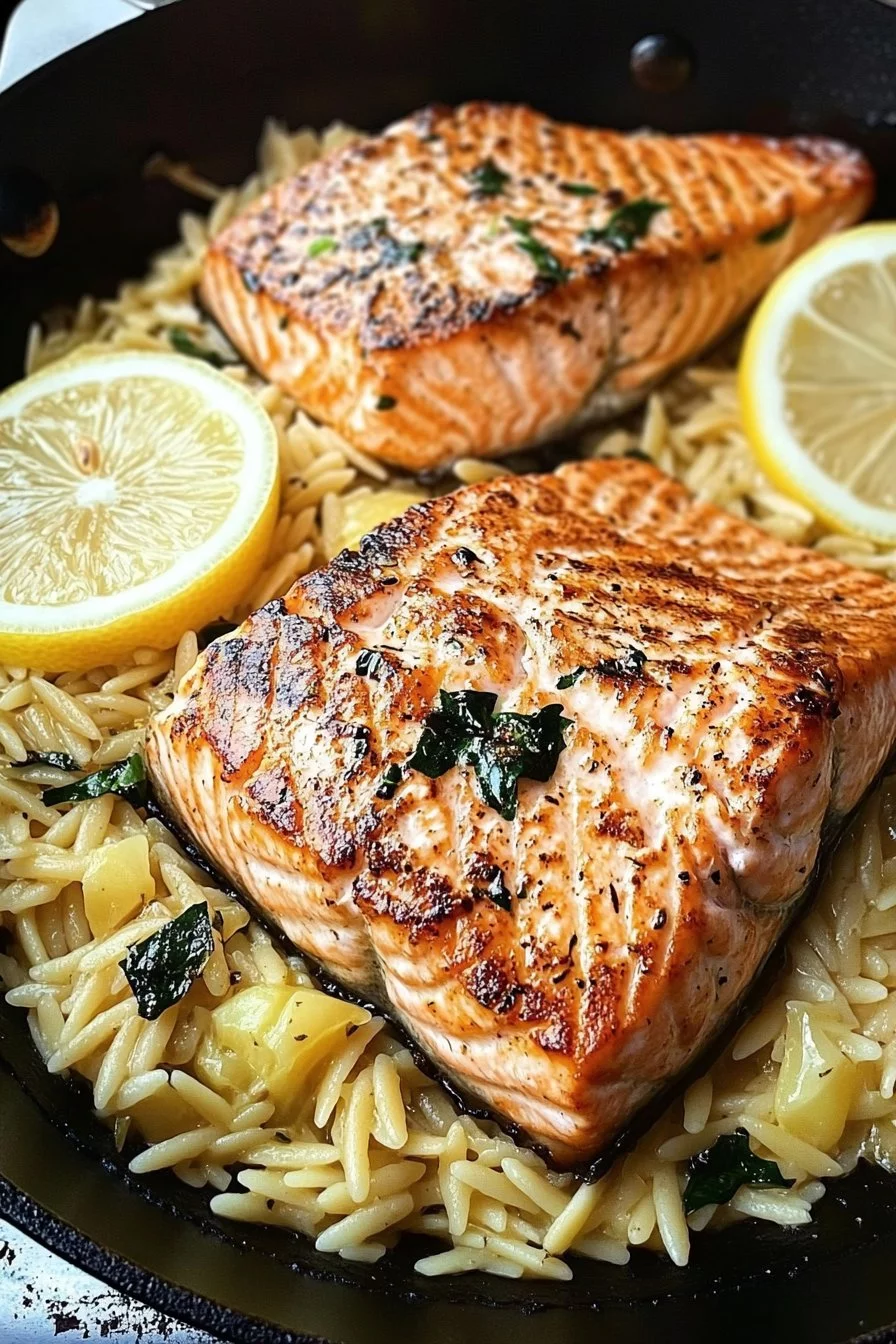 One Skillet Salmon with Lemon Orzo