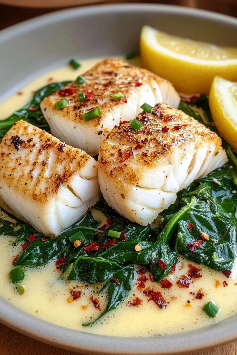Seared White Fish with Creamy Spinach