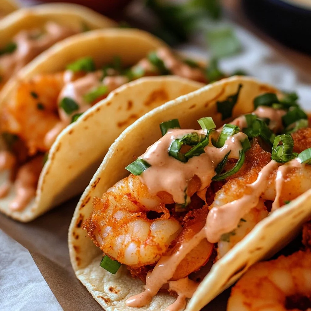 Delicious Air Fryer Bang Bang Shrimp Tacos plated with vibrant toppings