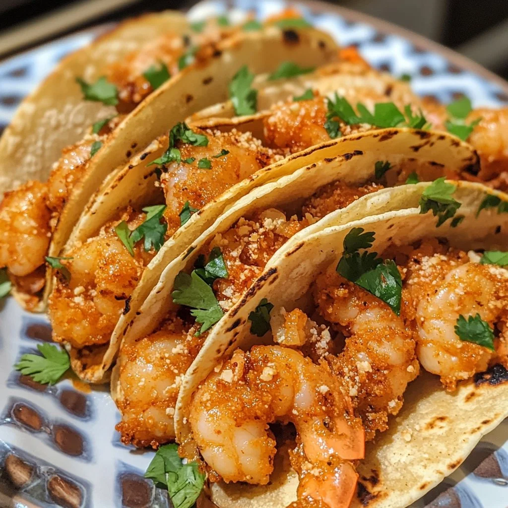 Crispy Air Fryer Bang Bang Shrimp Tacos served on a plate with fresh toppings