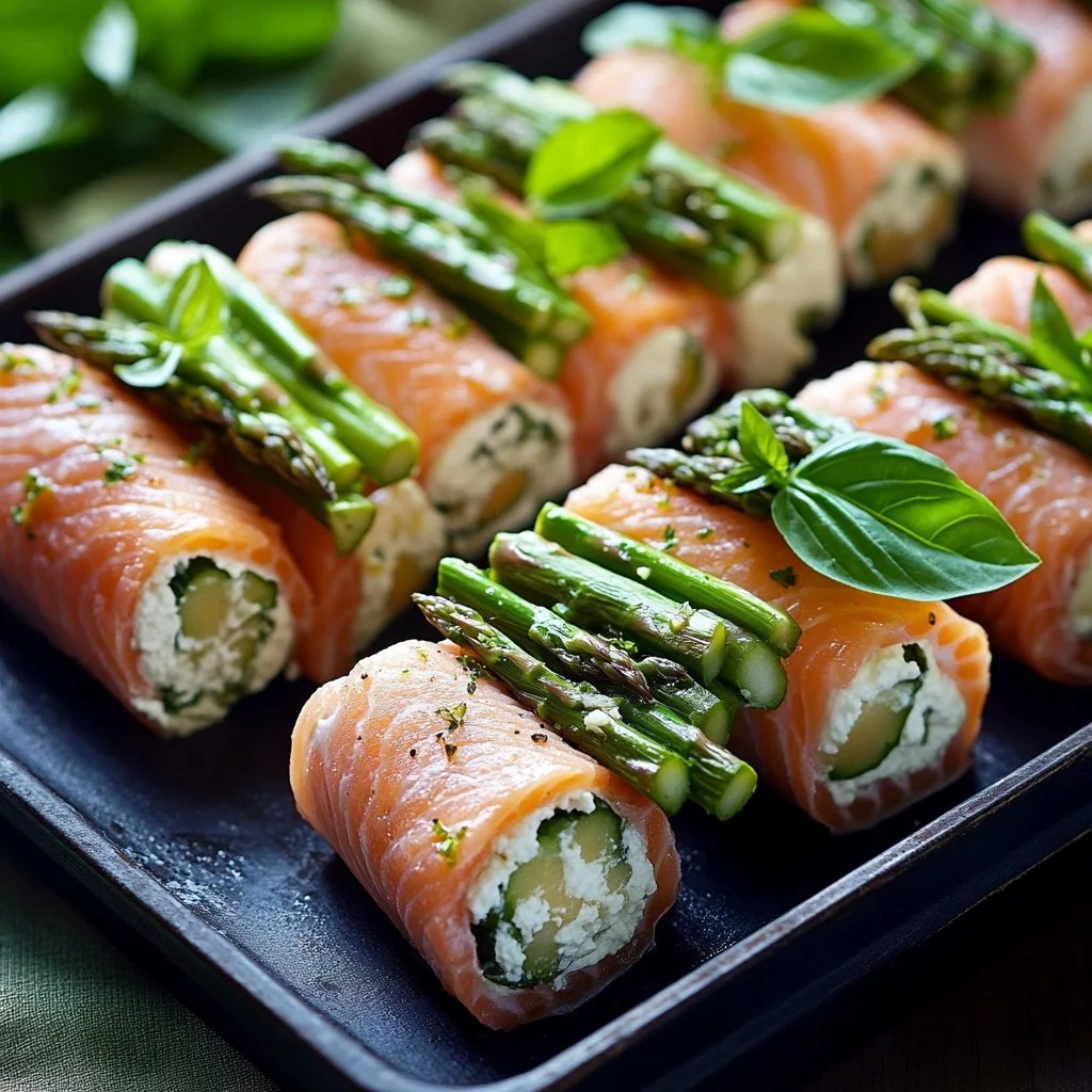 Asparagus and lemon basil ricotta stuffed salmon rolls plated elegantly