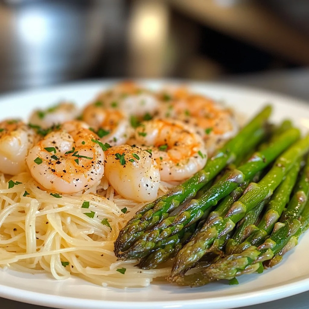 Delicious Asparagus Shrimp Angel Hair Pasta with fresh ingredients