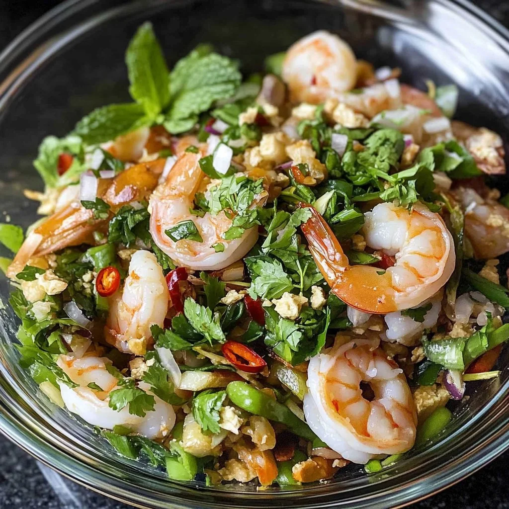 Authentic spicy Thai shrimp salad (Pla Goong) with fresh herbs and spices