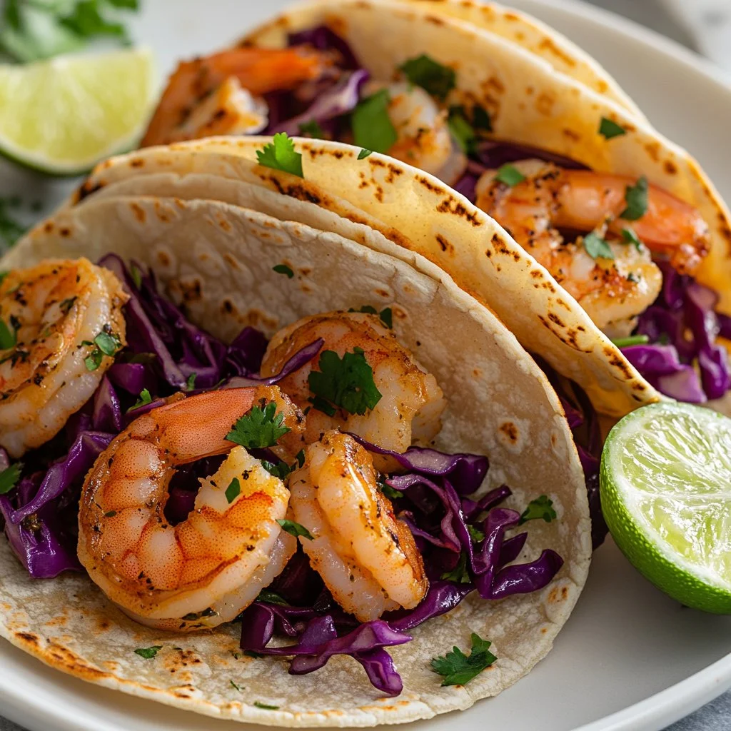Delicious Baja Shrimp Tacos garnished with fresh ingredients