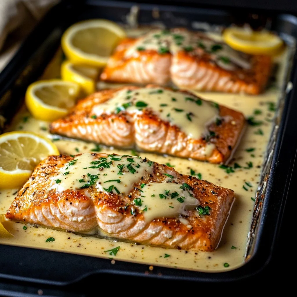 Baked Boursin Salmon garnished with herbs on a plate