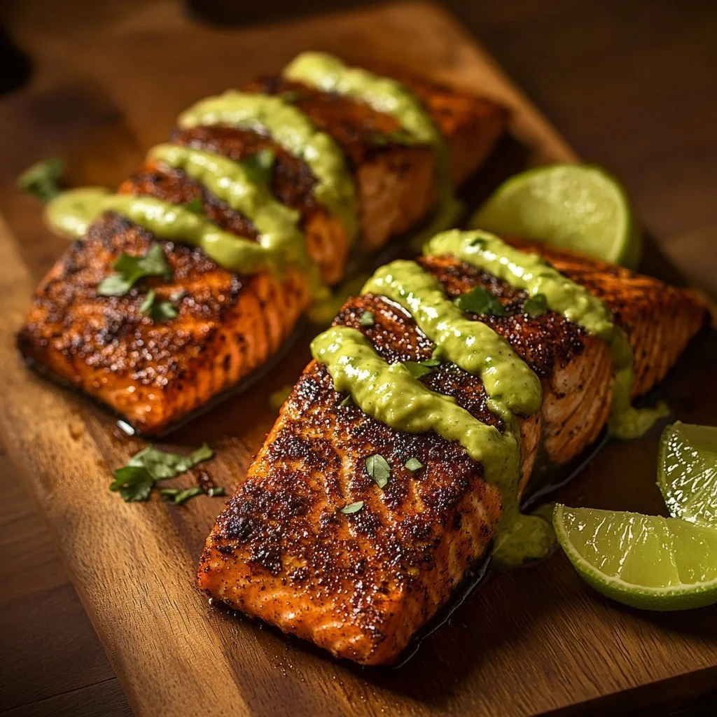 Baked Cajun Salmon served with creamy avocado lime sauce on a plate