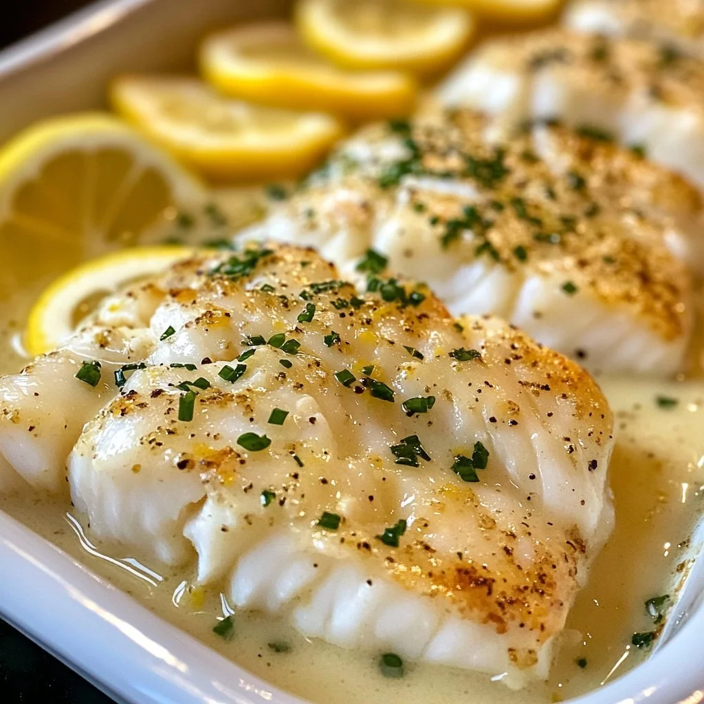 Baked cod with coconut lemon cream sauce served on a plate.