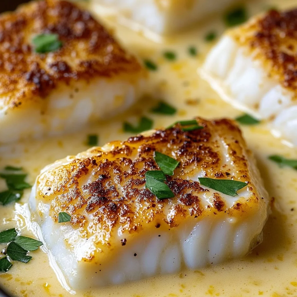 Baked cod fillet topped with coconut lemon cream sauce, served on a plate.