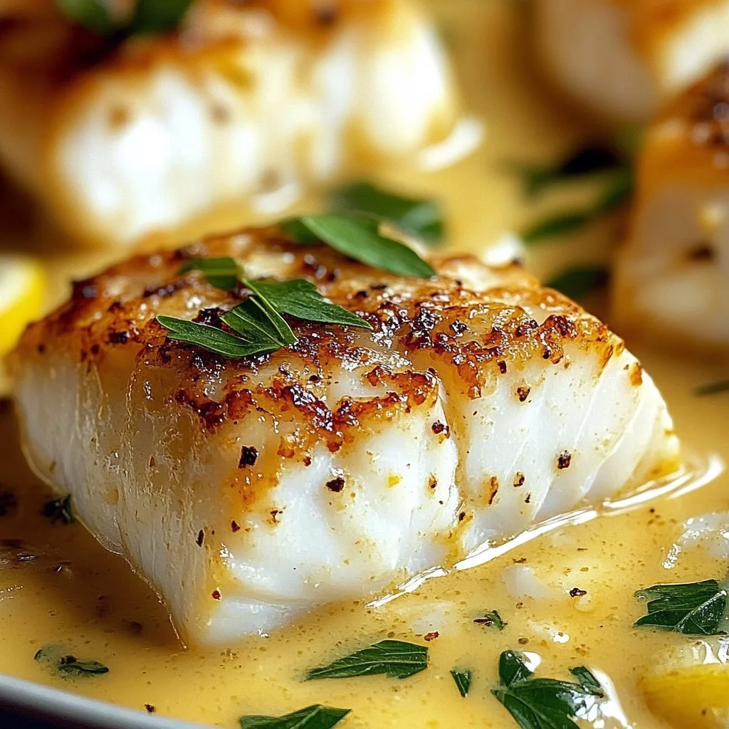 Baked cod fillet in coconut lemon cream sauce served on a plate