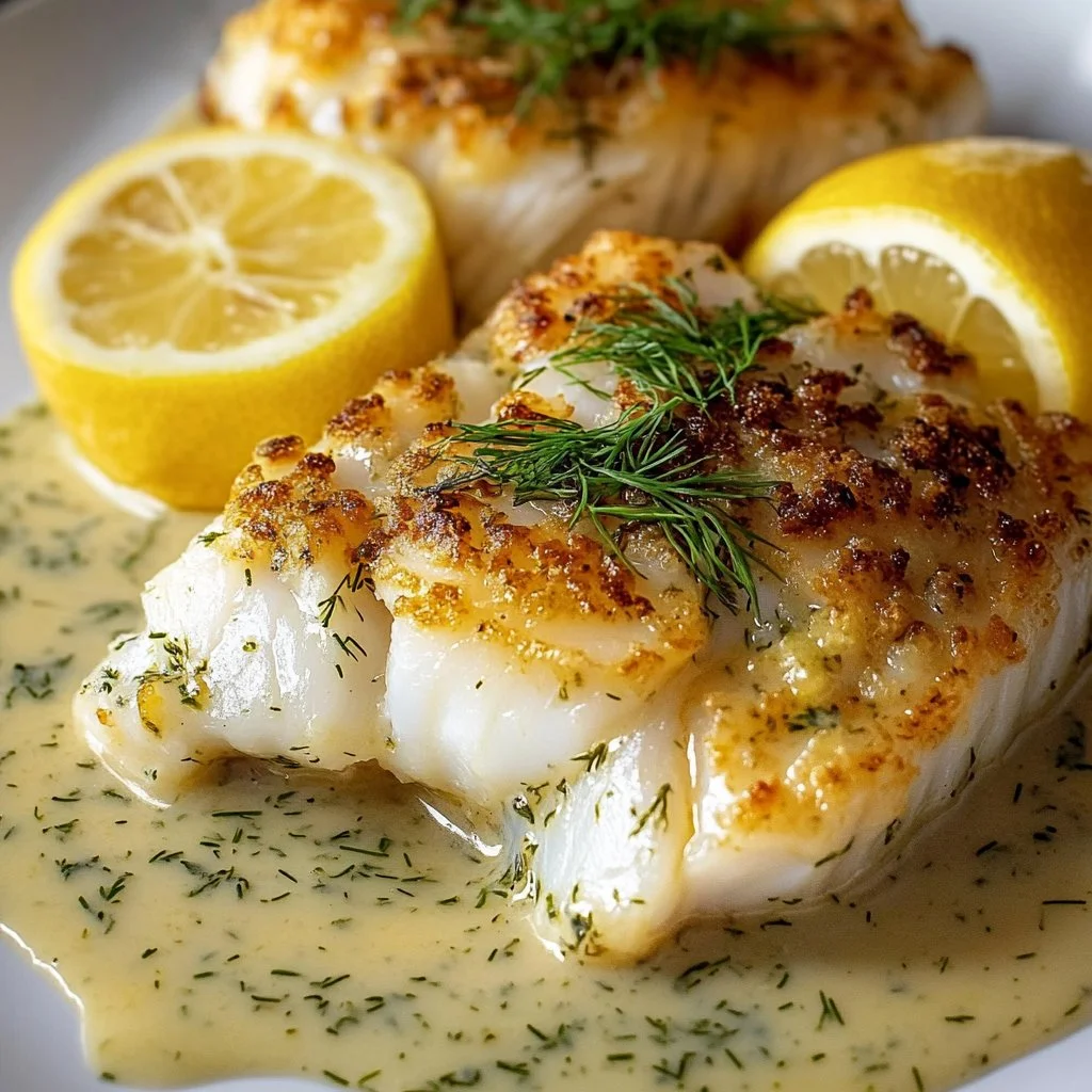 Baked cod fillet with lemon dill sauce served on a white plate
