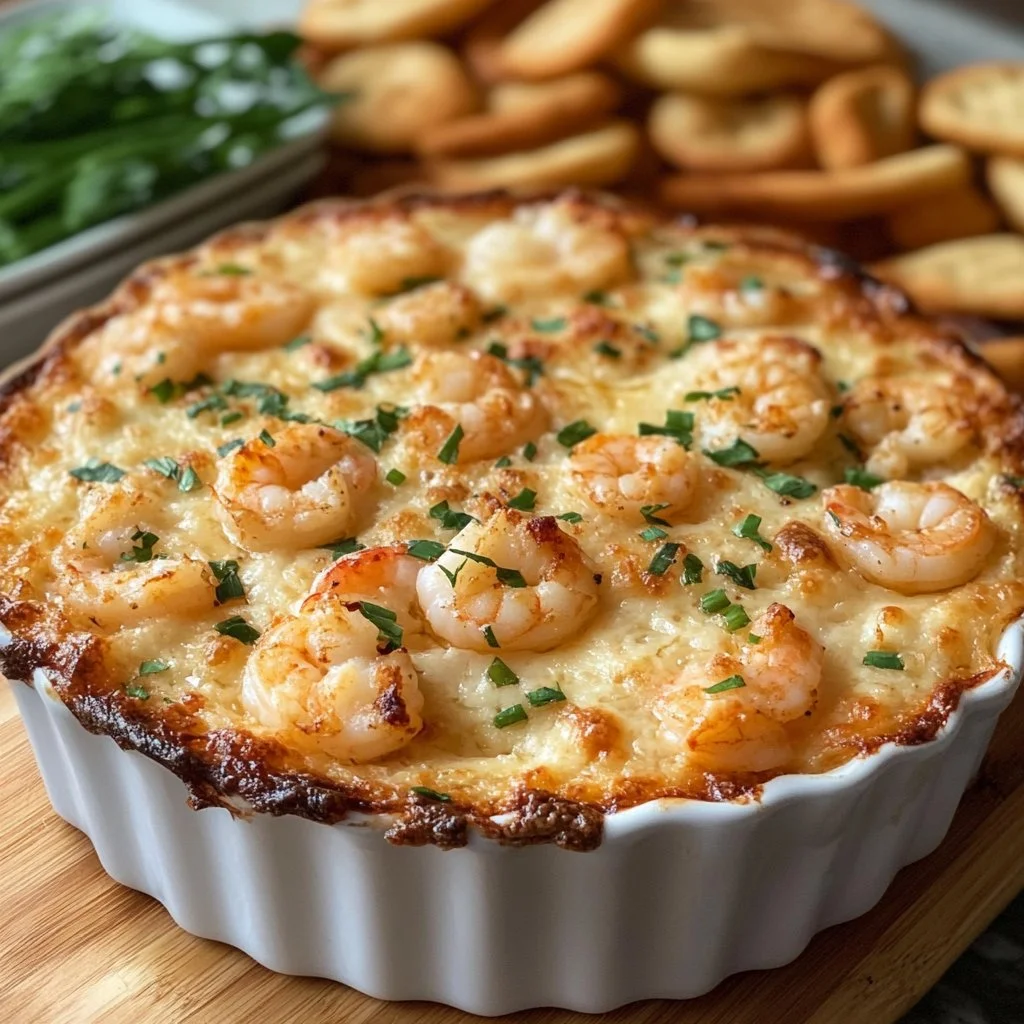 Delicious baked shrimp dip served in a bowl, perfect for appetizers.